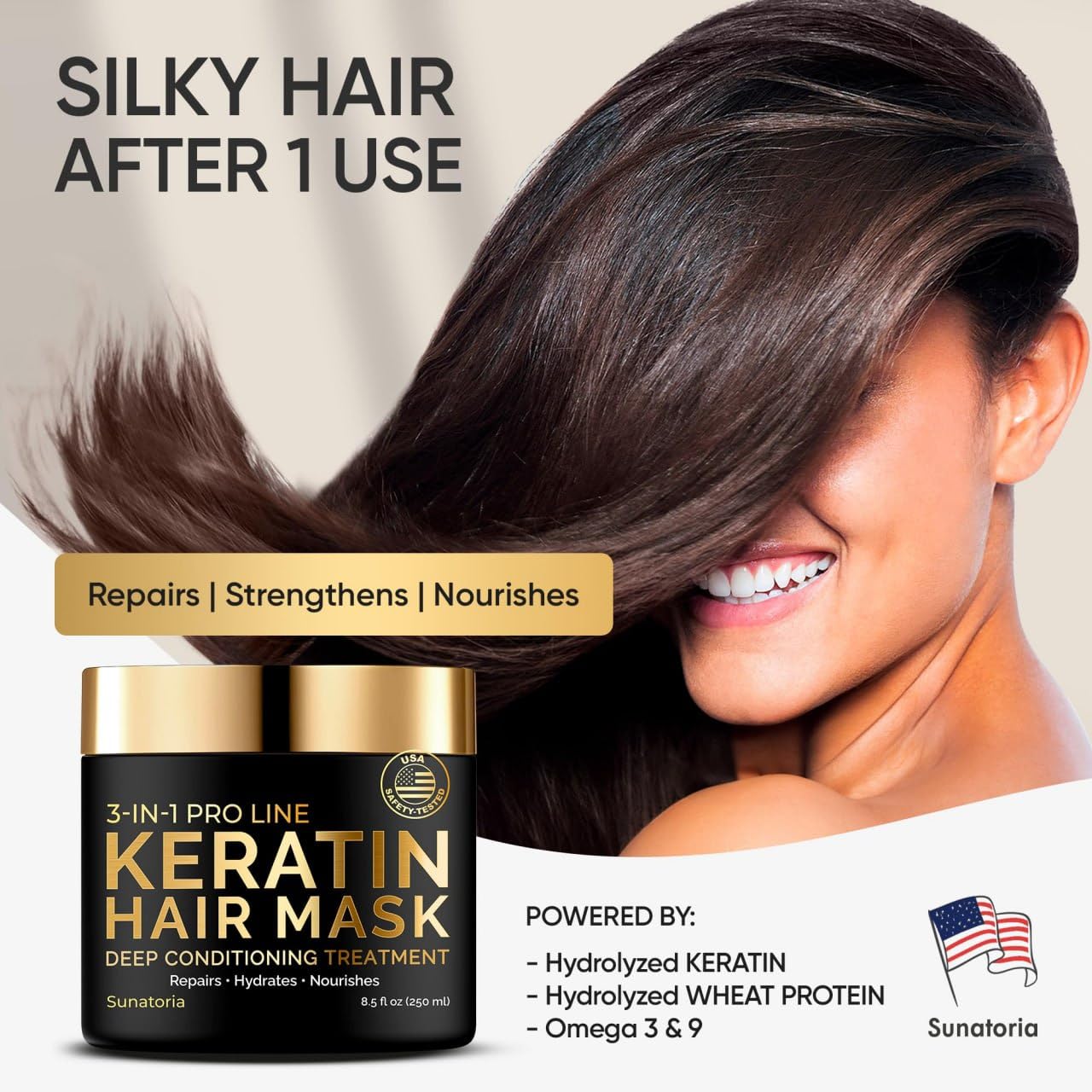 SUNATORIA Keratin Hair Mask - Deep Conditioner for Dry & Damaged Hair - Hydrating, Repairing & Nourishing Keratin Treatment - 8.45 Fl Oz