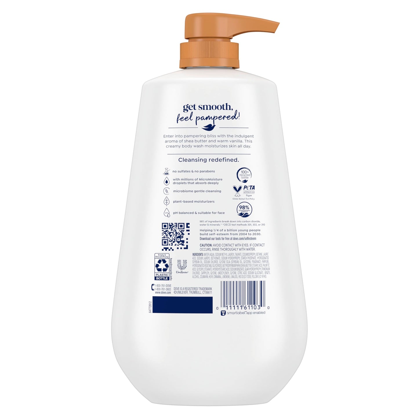 Dove Body Wash with Pump Pamper Shea Butter & Vanilla for 24hr Lotion-Soft Skin Moisturizing Skin Cleanser with No Sulfates No Parabens 30.6 oz