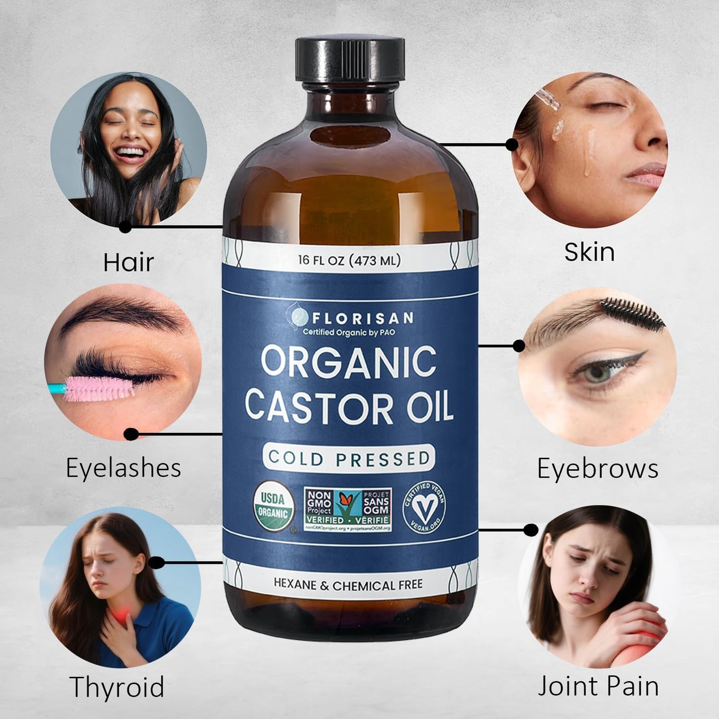 Florisan Organic Castor Oil 16oz – 100% Pure, Cold Pressed, Hexane-Free, Non-GMO Oil for Hair Growth, Skin, Lashes & Brows, USDA & EWG Certified