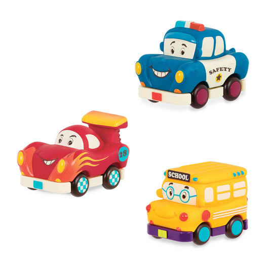 B. toys – Mini Wheeee – ls! – 3 Pieces Mini Pull – Back Vehicles Set, Bus & Cars, Multi, Hot Rod, School Bus, Police Car – 1 year +
