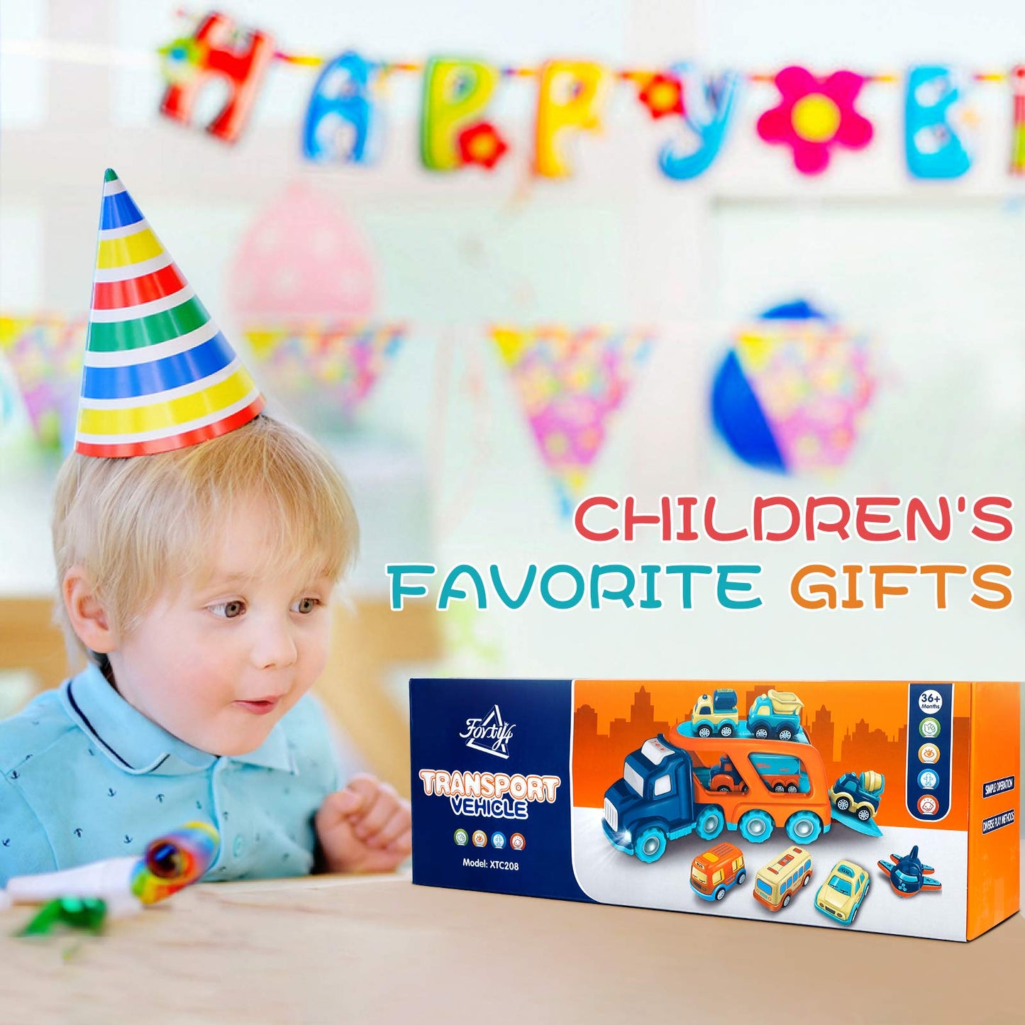 9-Pack Pull-Back Cars & Big Transport Truck Toy Set for Toddlers 2-5 Years, Sound & Light Carrier Truck with 8 Small Trucks, Kids Gift