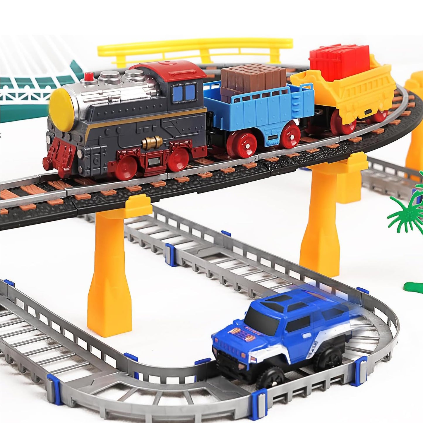 Electric Train Set for Kids 4-8 with Tracks, Lights, Sound, Bridge & Road Signs – Realistic Train Playset for Boys’ Birthday Gifts