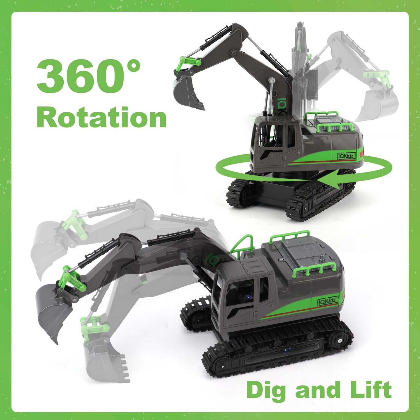 IQKidz RC Excavator Toy for Boys 4-10+ – Metal Shovel Construction Vehicle with Lights, Sounds, 2.4G Rechargeable Remote Control