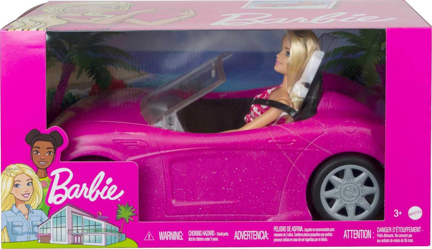 Barbie Playset with Sparkly Pink 2-Seater Toy Convertible Car Featuring Glam Details & Fashion Doll in Sundress & Sunglasses (Amazon Exclusive)