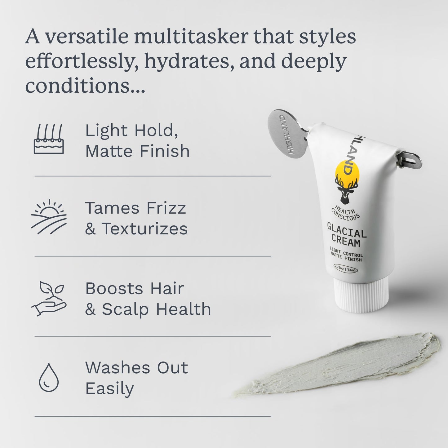 Highland Glacial Cream 2.5 oz – Multi-Use Hair Styling Cream to Smooth, De-Frizz, Texturize & Enhance Curls – Natural, Plant-Derived Formula for All Hair Types