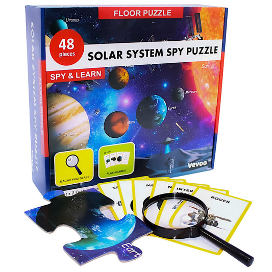 Solar System Spy Puzzle with Flashcards and Magnifying Glass 48 Piece Space Floor Puzzle for Kids Ages 4 to 8 Large 2ft x 3ft Educational Puzzles for Boys and Girls