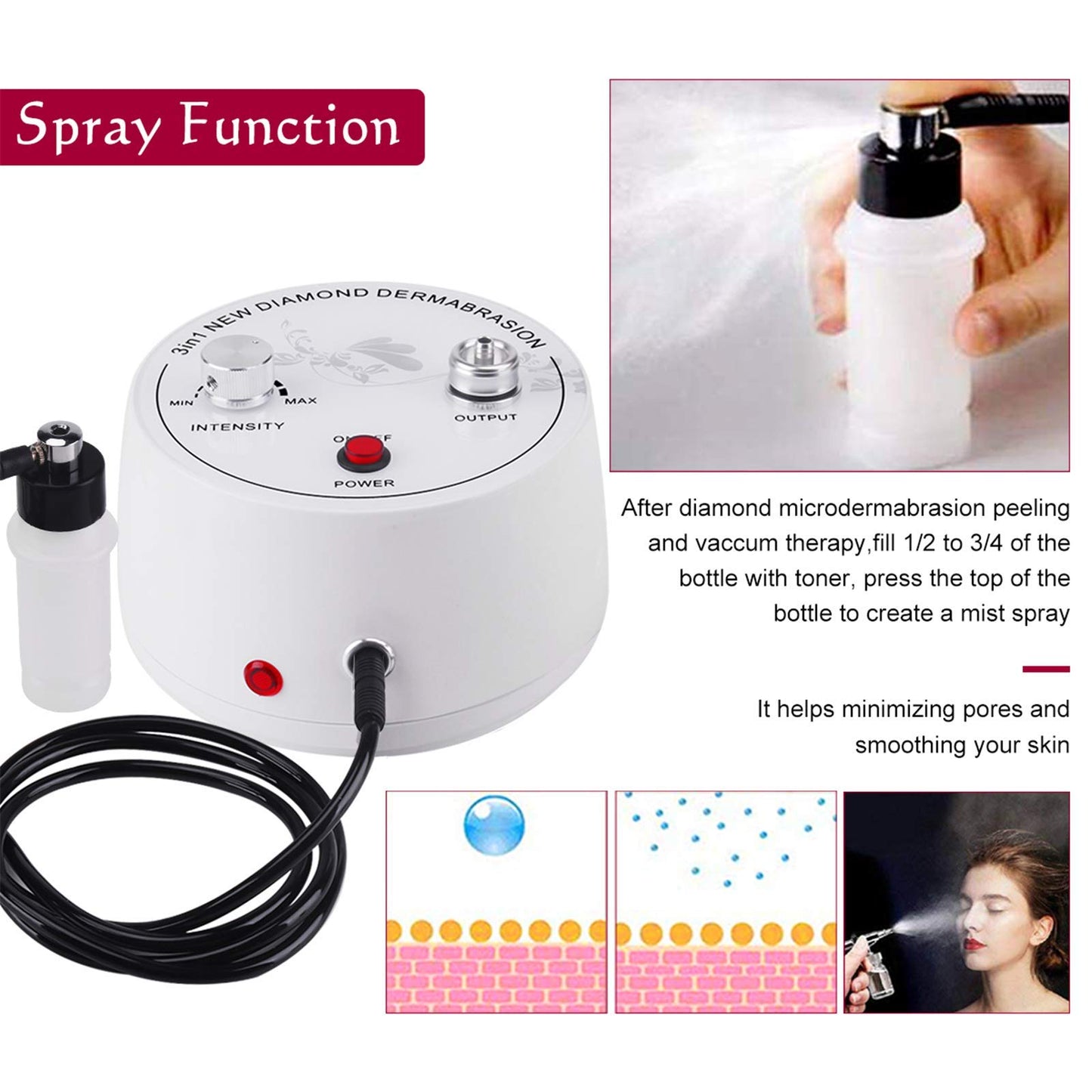 Diamond Microdermabrasion Machine, Yofuly 3 in 1 Professional Microdermabrasion Machine with Vacuum Glass Tube and Spray Bottle for Home Use Skin Care