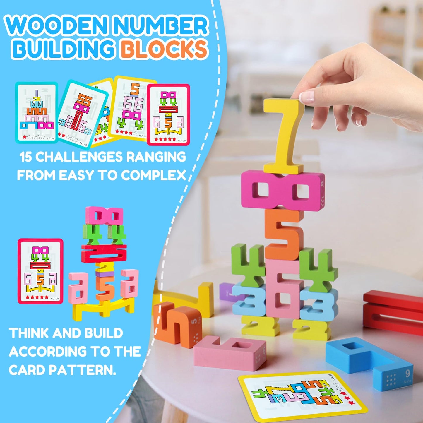 XPQKDC Wooden Number Blocks, 20-Pcs Stacking & Counting Toy for Kids 3+, Educational 1-10 Digital Blocks, Balance & Learning Gift