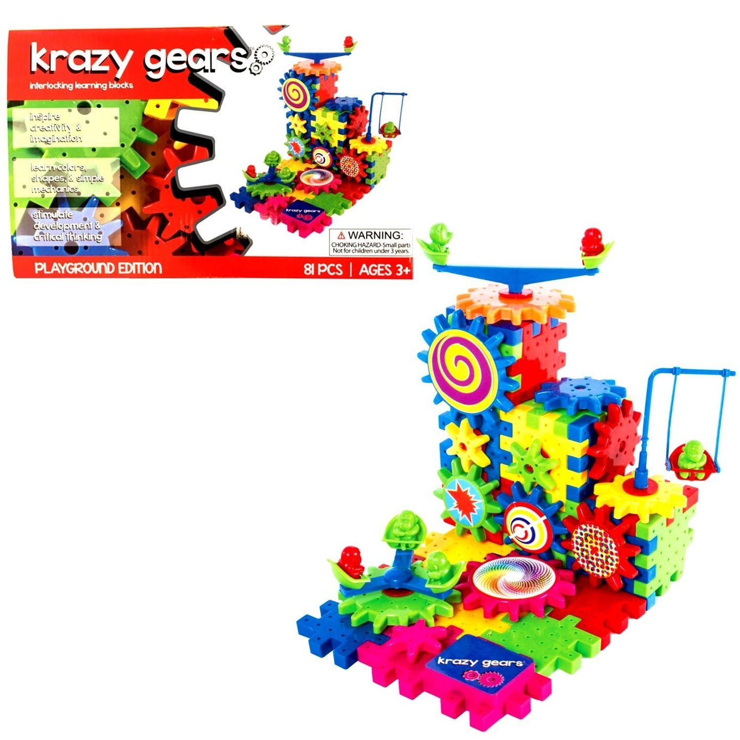 Krazy Gears Gear Building Toy Set - Interlocking Learning Blocks - Motorized Spinning Gears - 81 Piece Playground Edition