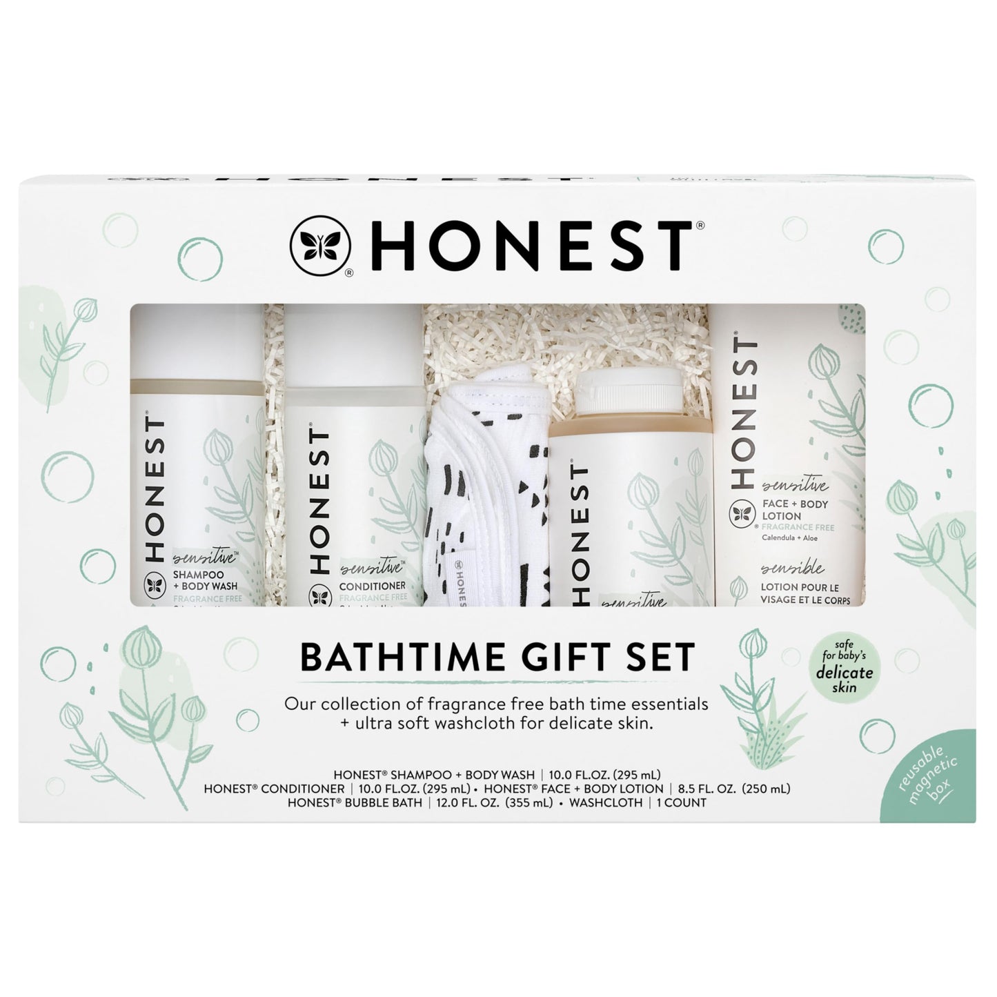 The Honest Company Fragrance-Free Bathtime Gift Set – Hypoallergenic Shampoo, Body Wash, Lotion, Bubble Bath & Conditioner for Sensitive Skin