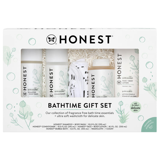 The Honest Company Fragrance-Free Bathtime Gift Set – Hypoallergenic Shampoo, Body Wash, Lotion, Bubble Bath & Conditioner for Sensitive Skin