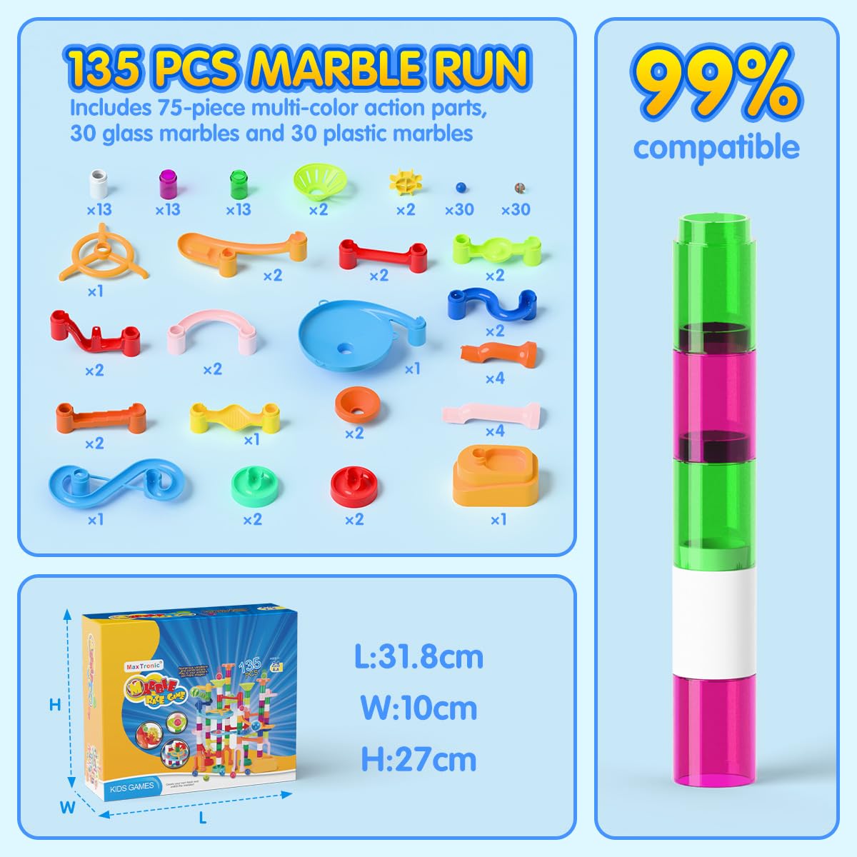 Marble Run for Kids,135 PCS Marble Maze Track Set - Educational Building Block Toys Set for Boys Girls STEM Learning (75 Blocks + 60 Marbles)