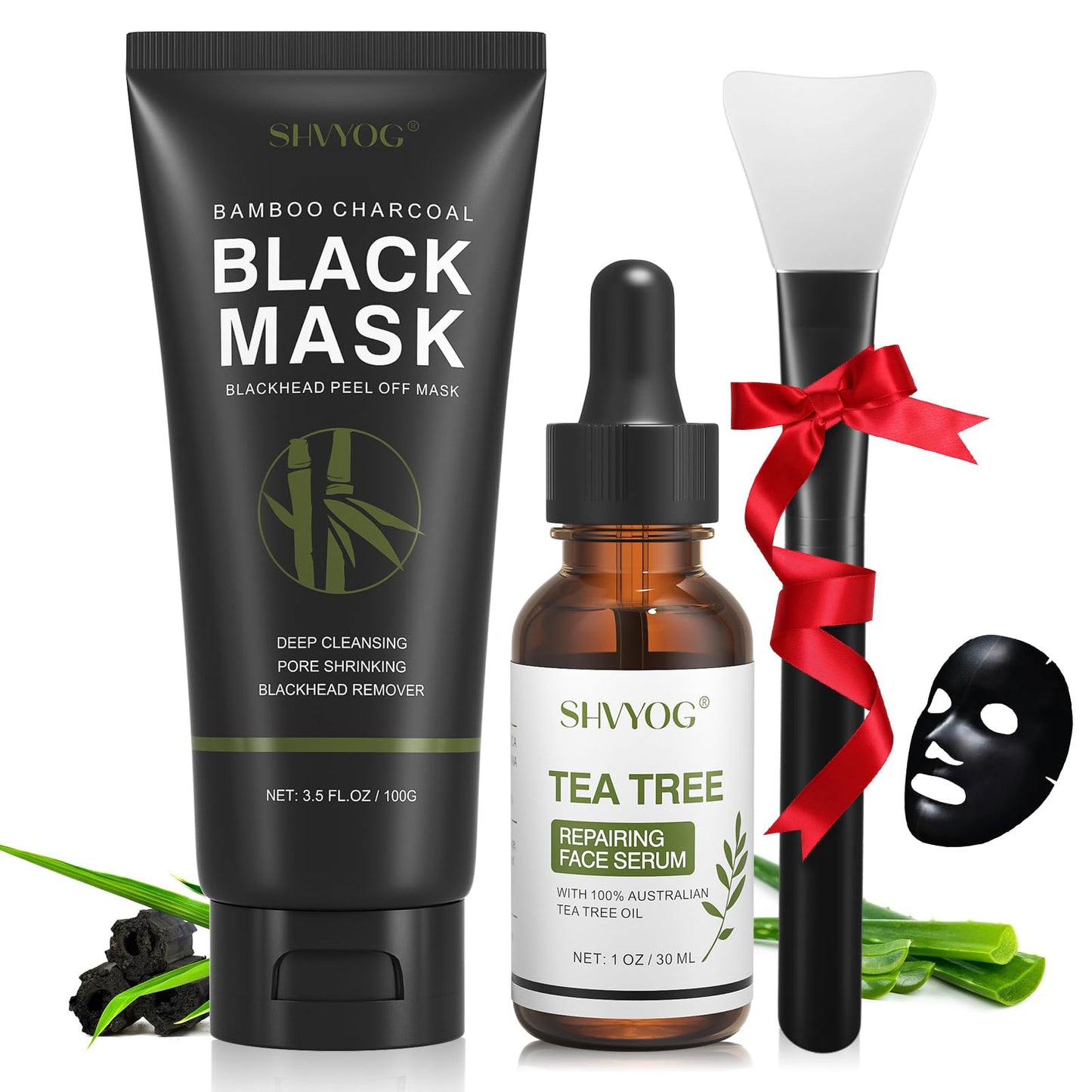 SHVYOG Blackhead Peel Off Mask 3-in-1 with Brush & Tea Tree Oil Serum, Charcoal Deep Cleansing for Pores, Oil & Dirt, 100g+30ml