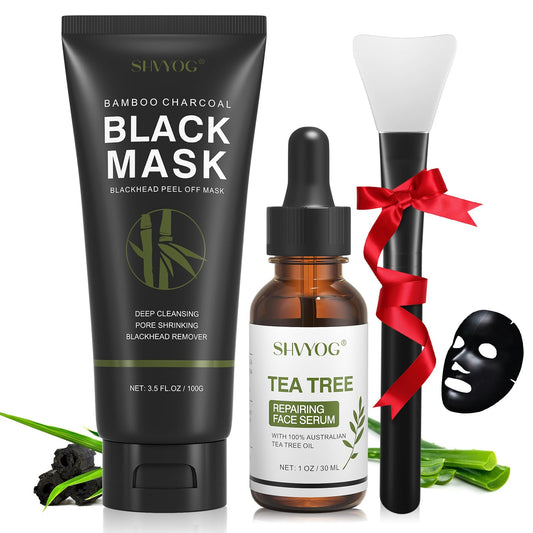 SHVYOG Blackhead Peel Off Mask 3-in-1 with Brush & Tea Tree Oil Serum, Charcoal Deep Cleansing for Pores, Oil & Dirt, 100g+30ml