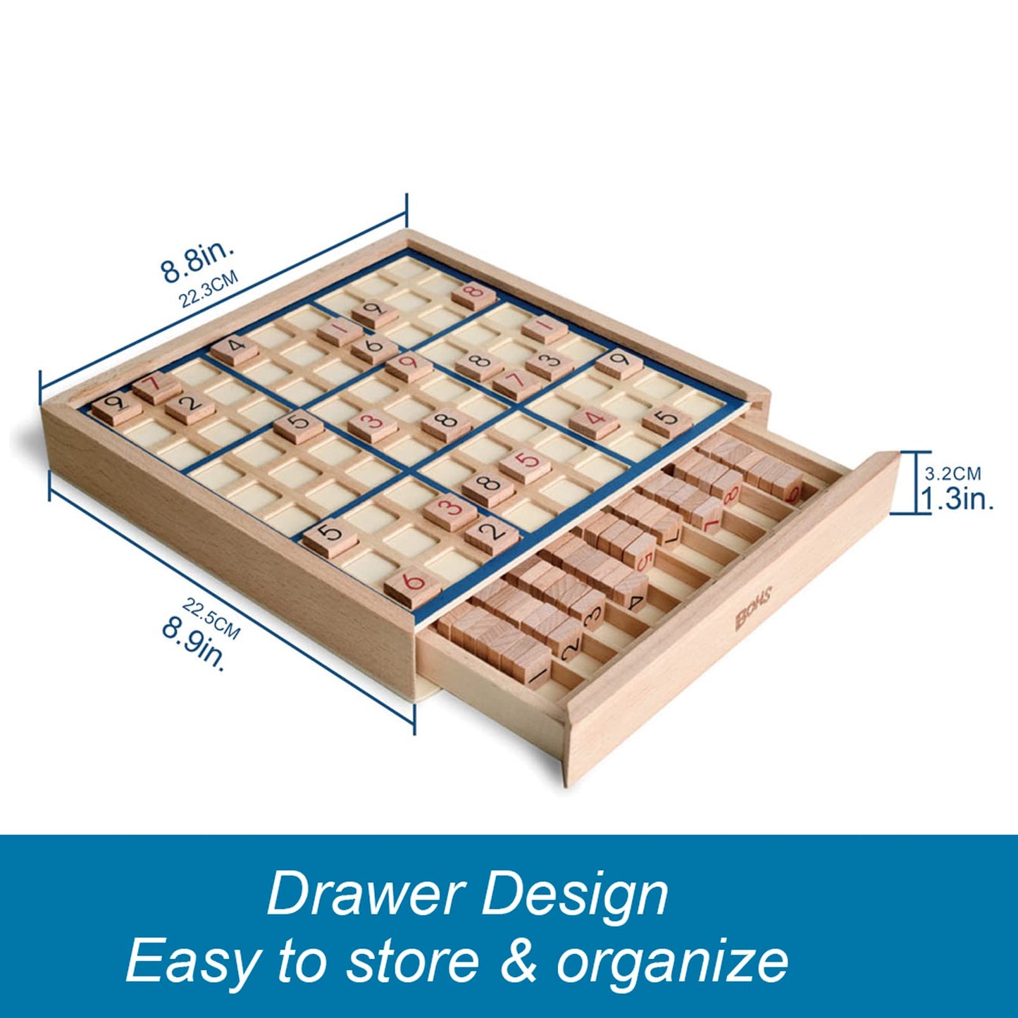 BOHS Wooden Sudoku Board Game with Drawer - with 100 Puzzles Sudoku Book for Adults - Brain Teaser Desktop Toys