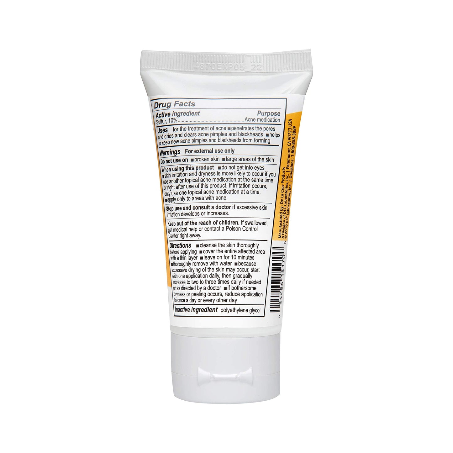 De La Cruz Sulfur Ointment for Cystic & Hormonal Acne - Face & Body Spot Treatment Mask, 10-Min Daily Use, 2.6 oz Tube