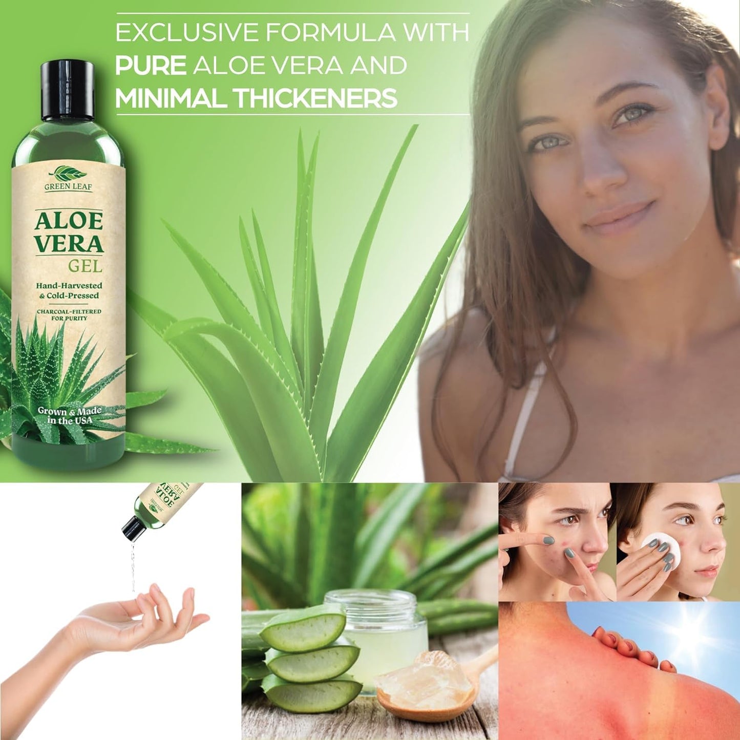 Amazing Aloe Vera Gel 100% Pure & Freshly Cut - Natural Sunburn, After Shave, Face, Skin & Hair Care - Unscented, Vegan - 16oz (2x8oz)