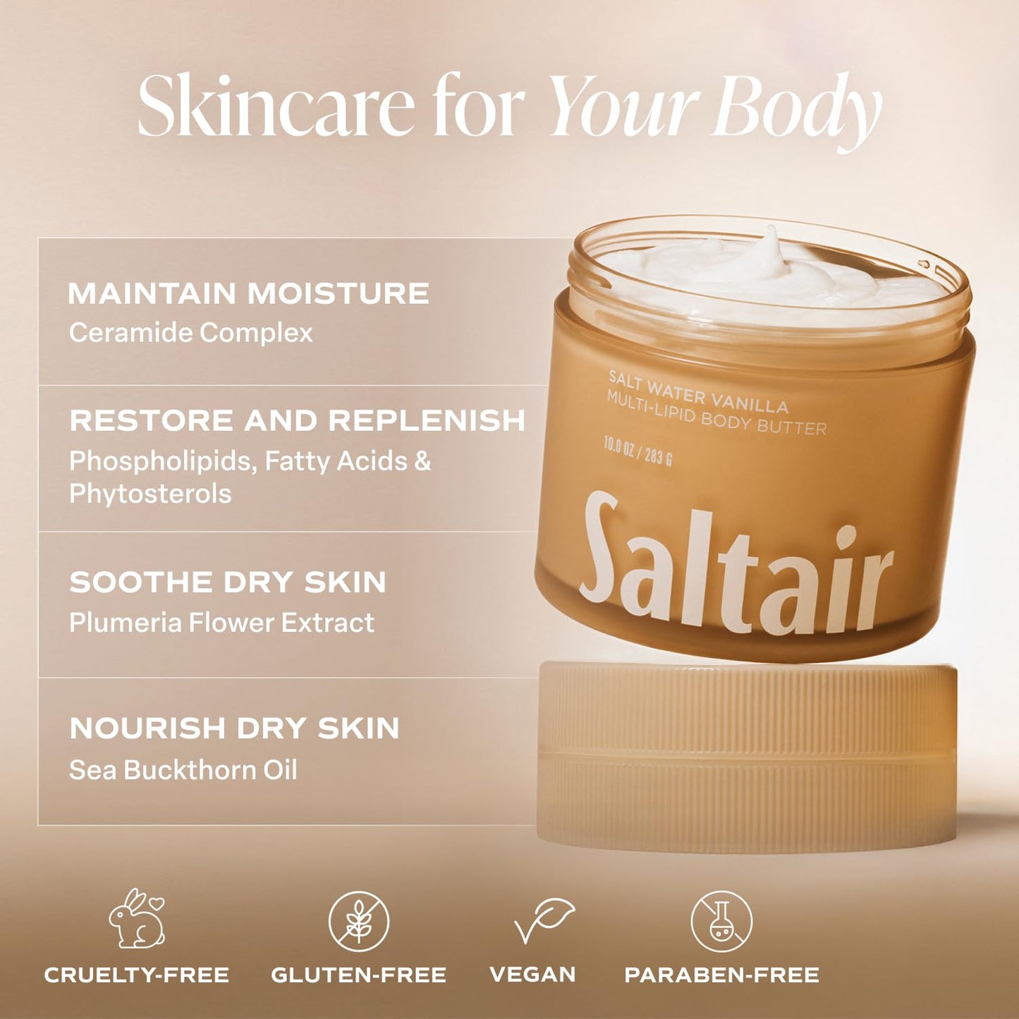 Saltair Multi-Lipid Body Butter 10oz – Rich Hydrating Cream with Ceramides, Coconut & Shea Butter, Salt Water Vanilla for Dry Skin