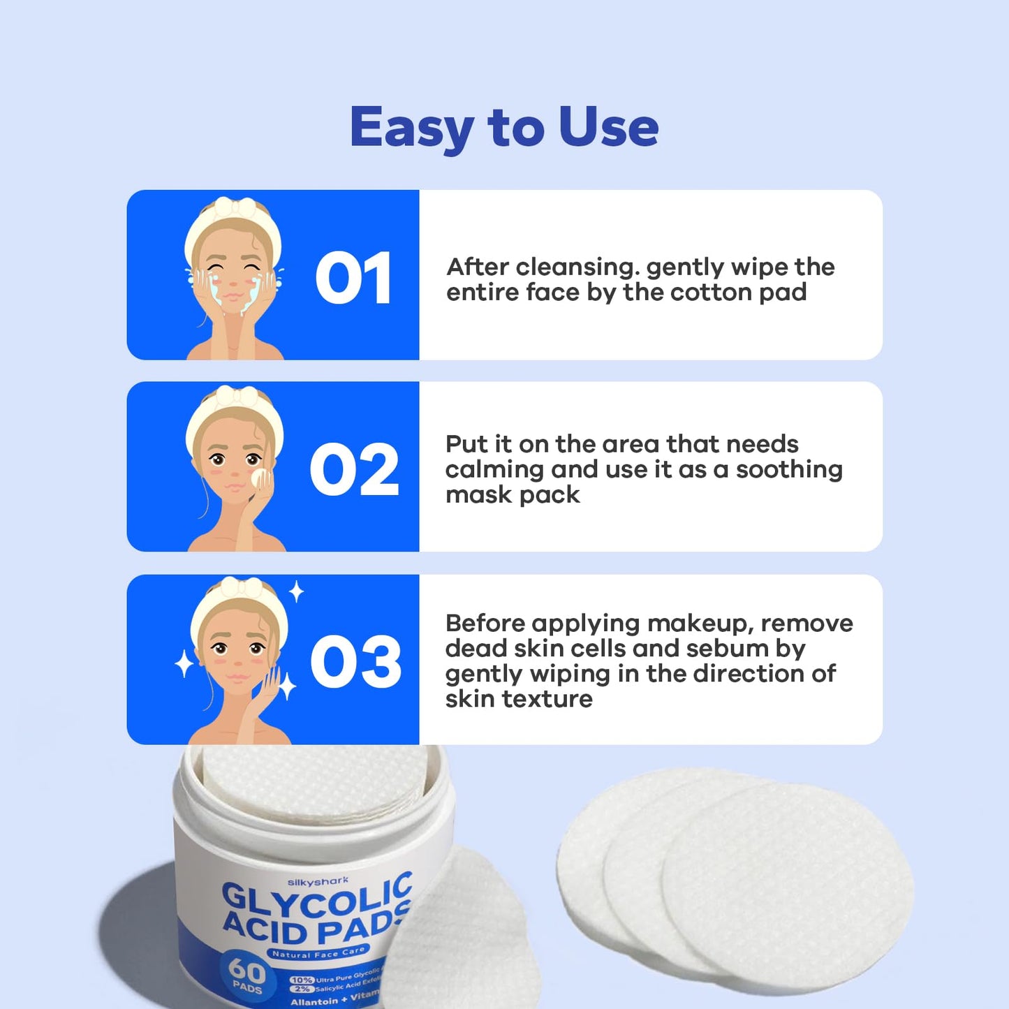 SilkyShark Glycolic Acid Resurfacing Pads, 60 Count – 10% Glycolic + 2% Salicylic Acid Exfoliating Peel for Radiant Skin