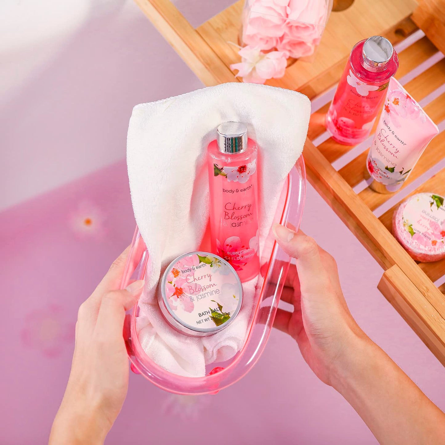 Body & Earth Gift Baskets for Women Bath and Body Set for Her, Cherry Blossom & Jasmine Spa Gifts for Women Christmas Gifts, Regalos Para Mujer