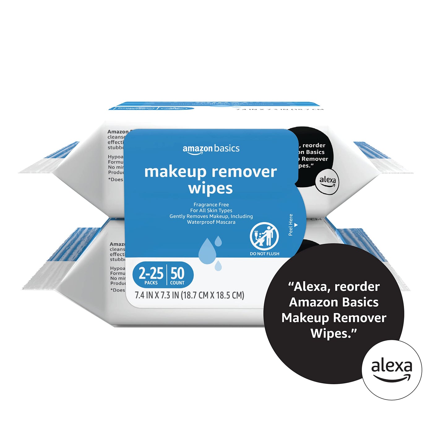 Amazon Basics Makeup Remover Wipes, Fragrance & Alcohol-Free, Gentle Cleansing, Removes Waterproof Mascara, 25 Count, 2-Pack