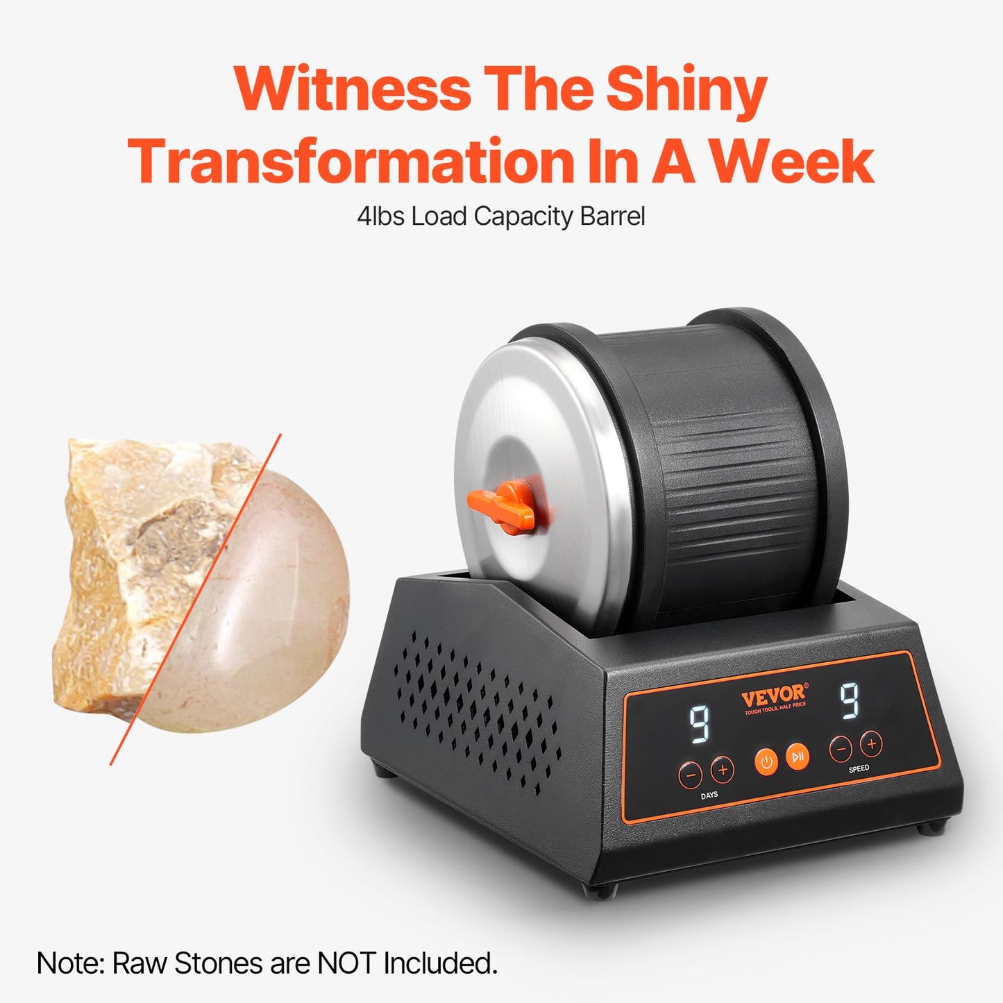 VEVOR 4 lbs Rock Tumbler Machine – 9-Speed Stone Polisher with 9-Day Timer, Direct Drive Motor, Cold-Rolled Steel, for Kids & Adults