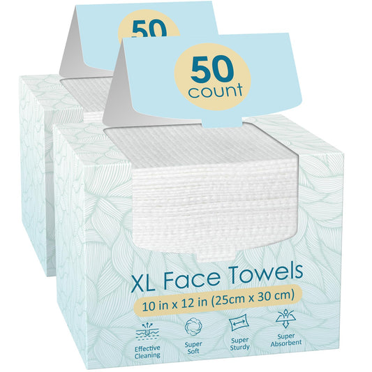 Fygrip XL Disposable Face Towels, 10"x12", 100 Count (2 Boxes), Soft 100% Viscose, Skin-Friendly Facial Wipes for Women Cleansing