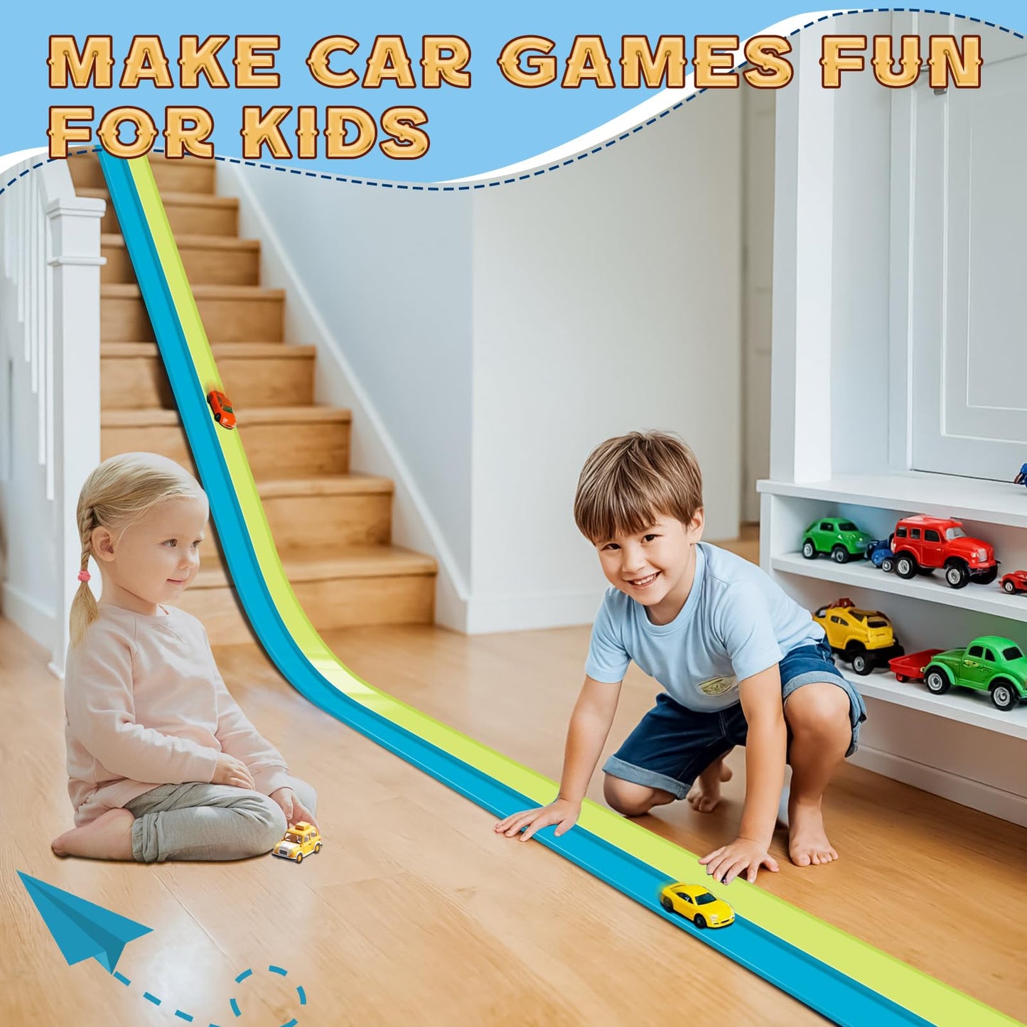 Flex Tracks 15ft Kids Starter Race Car Track Set with Suction Cups, Flexible Ramp for 1:64 Diecast Cars, Ages 3+, Green & Blue