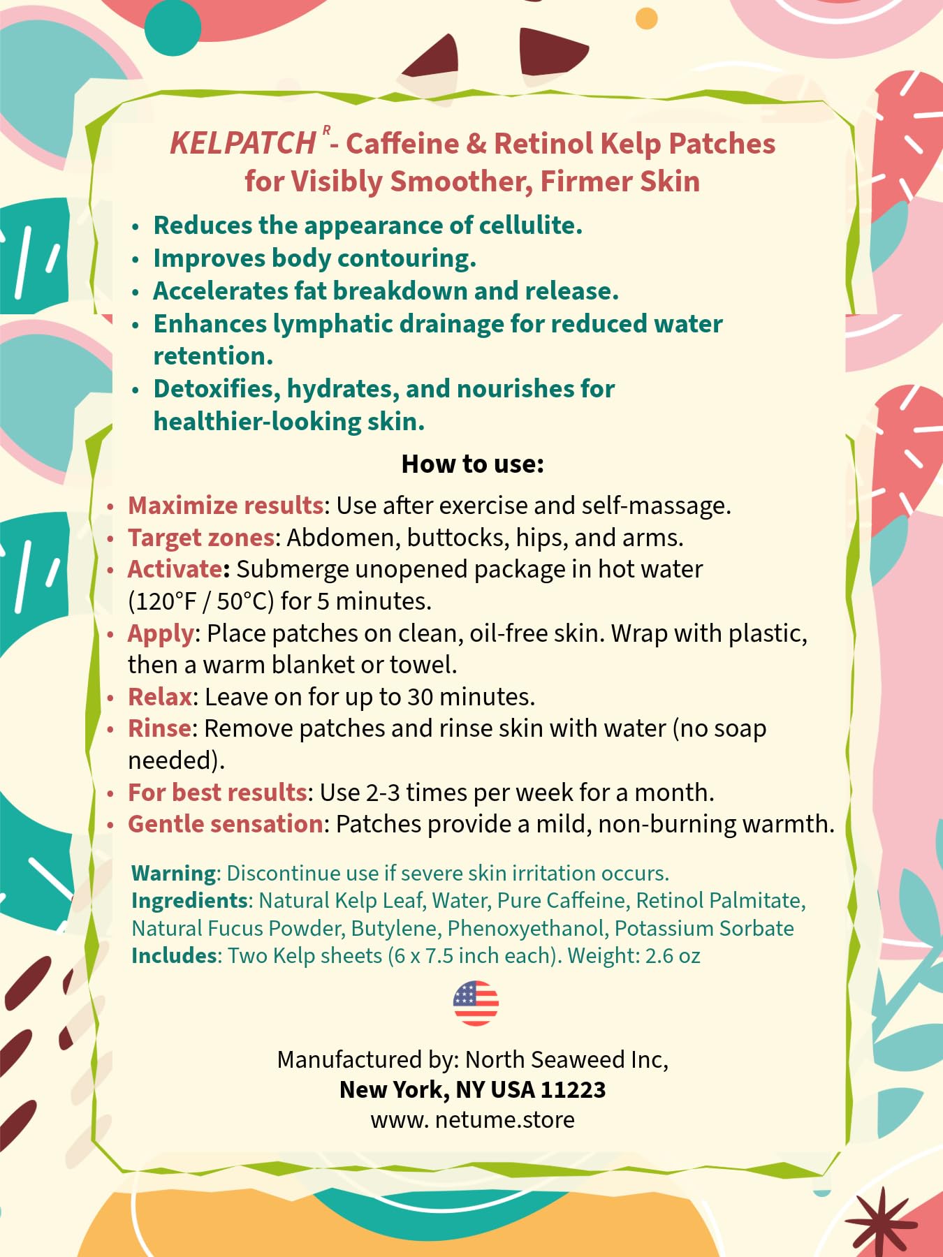 Kelpatch Cellulite Reduction Anti-Aging Natural Seaweed Patches Fortified With Caffeine And Retinol, Combat Sagging, Body Fat Deposits, Made in USA