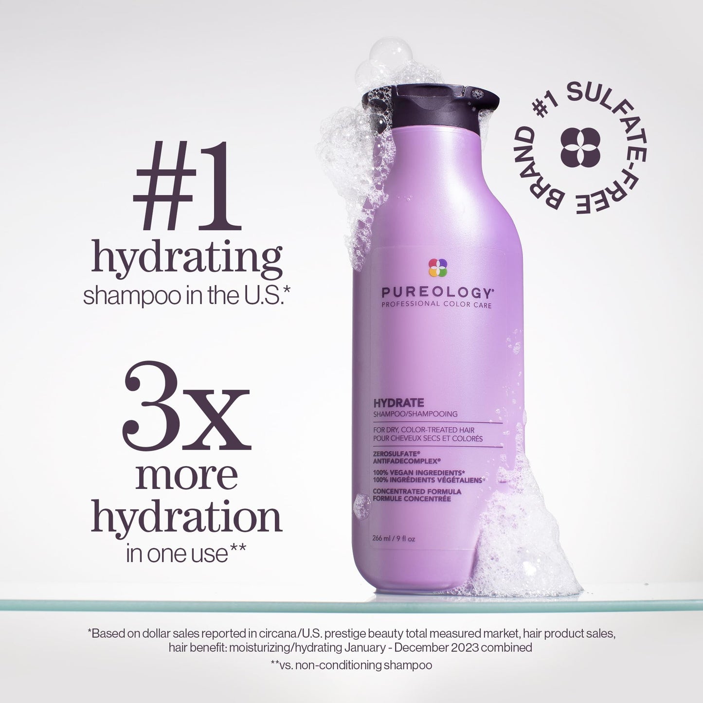 Pureology Hydrate Shampoo - For Dry or Color Treated Hair, Moisturizing Shampoo For Hydration & Softness, With Rose Extract & Green Tea, Vegan & Sulfate-Free, 9 Fl Oz