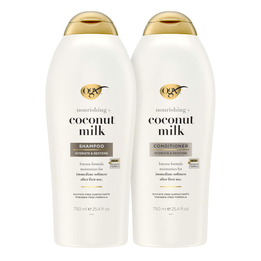 OGX Nourishing + Coconut Milk Shampoo & Conditioner Set, Sulfate-Free, Moisturizing & Strengthening Hair Care Duo, 25.4 fl oz Each, 2 Pack