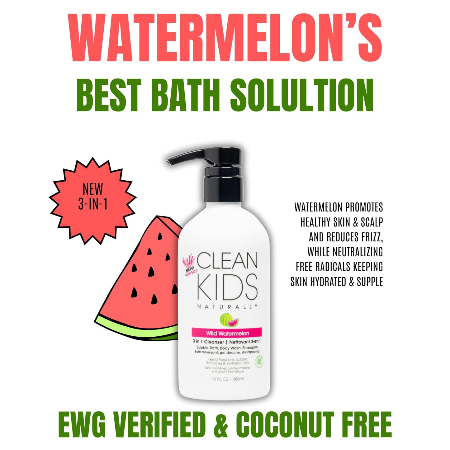 Gabriel Cosmetics Clean Kids Naturally Wild Watermelon 3-in-1 Shampoo, Cleanser & Bubble Bath (16 Fl Oz (1 Bottle), Watermelon 3-in-1)
