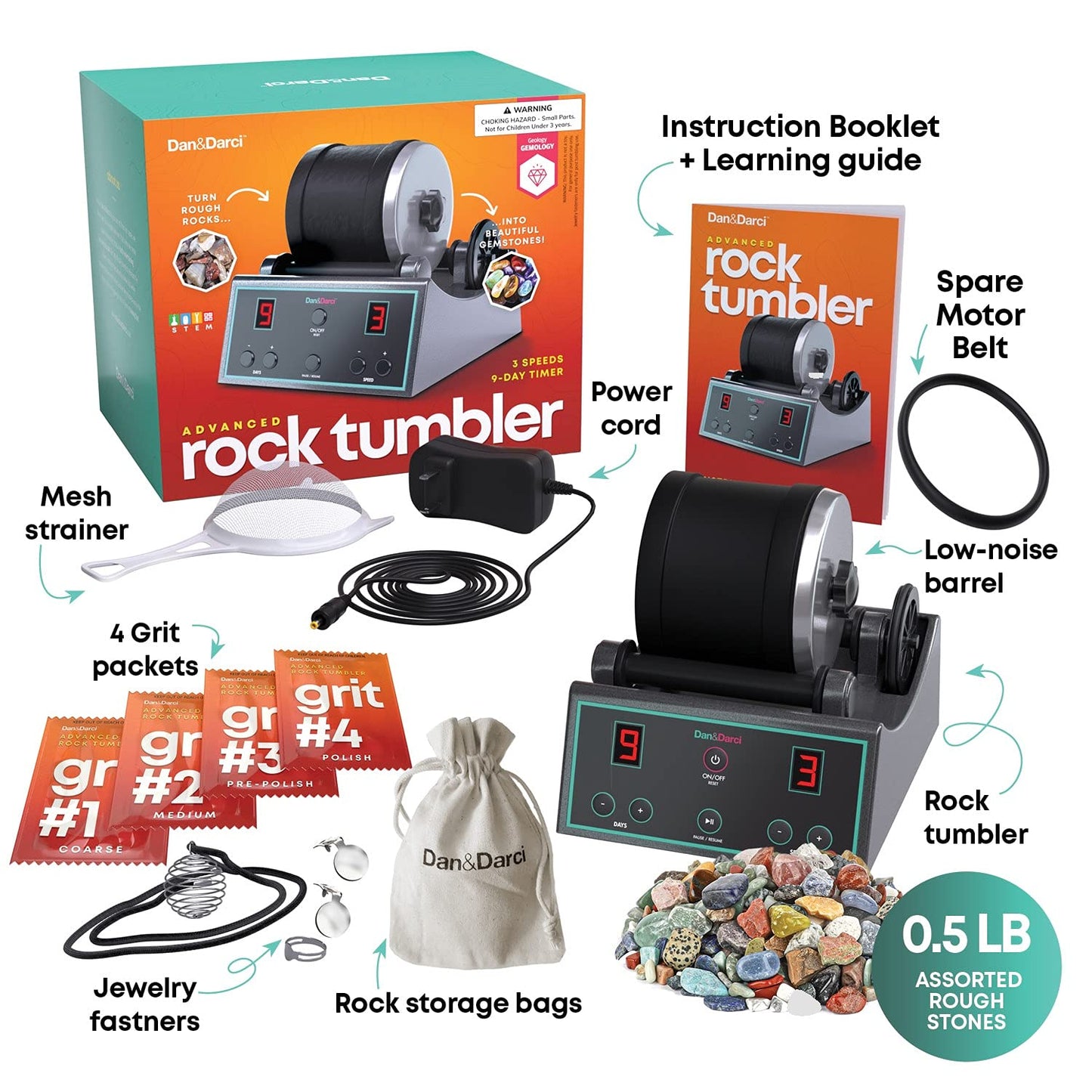 Dan&Darci Professional Rock Tumbler Kit with Digital Timer & 3 Speeds – Turn Rocks into Gems | STEM Science & Geology Toy for Kids
