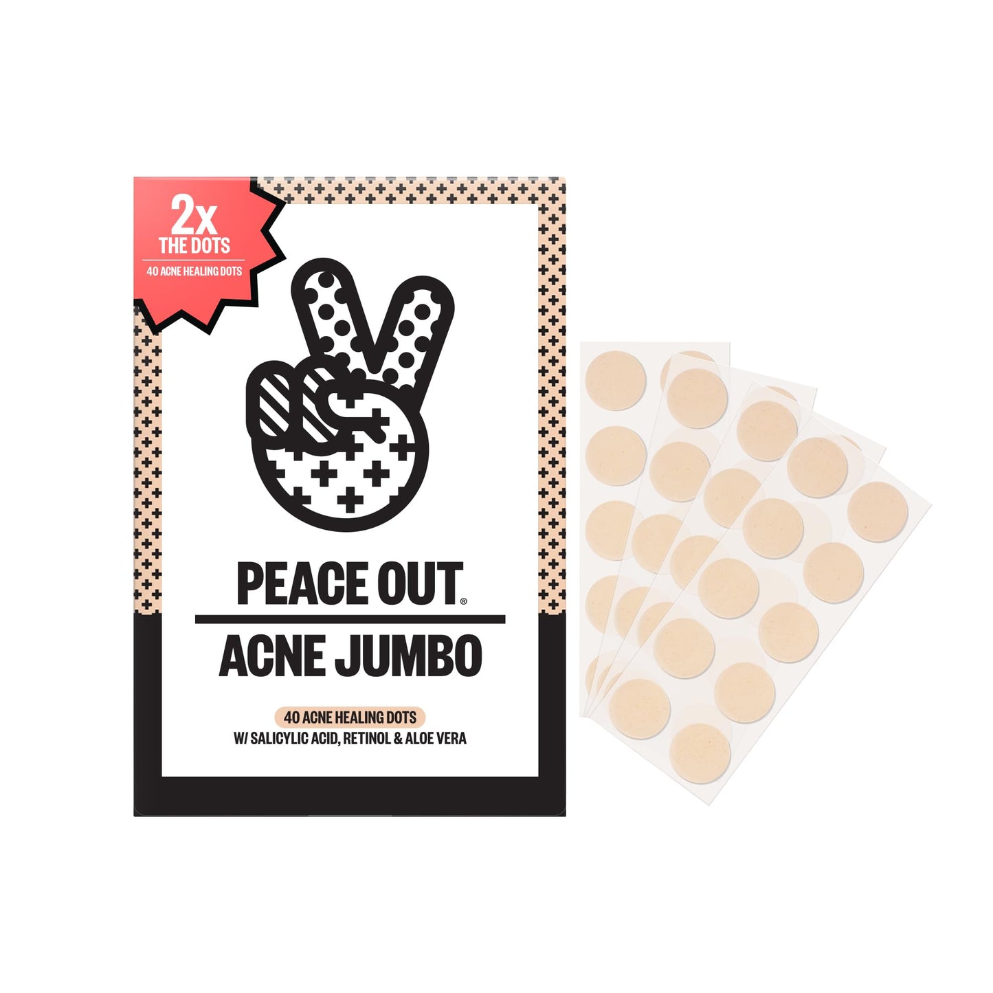 PEACE OUT Acne Healing Dots – Fast-Acting Pimple Patches with Salicylic Acid, Retinol & Aloe Vera, Clears Blemishes Overnight, 40ct