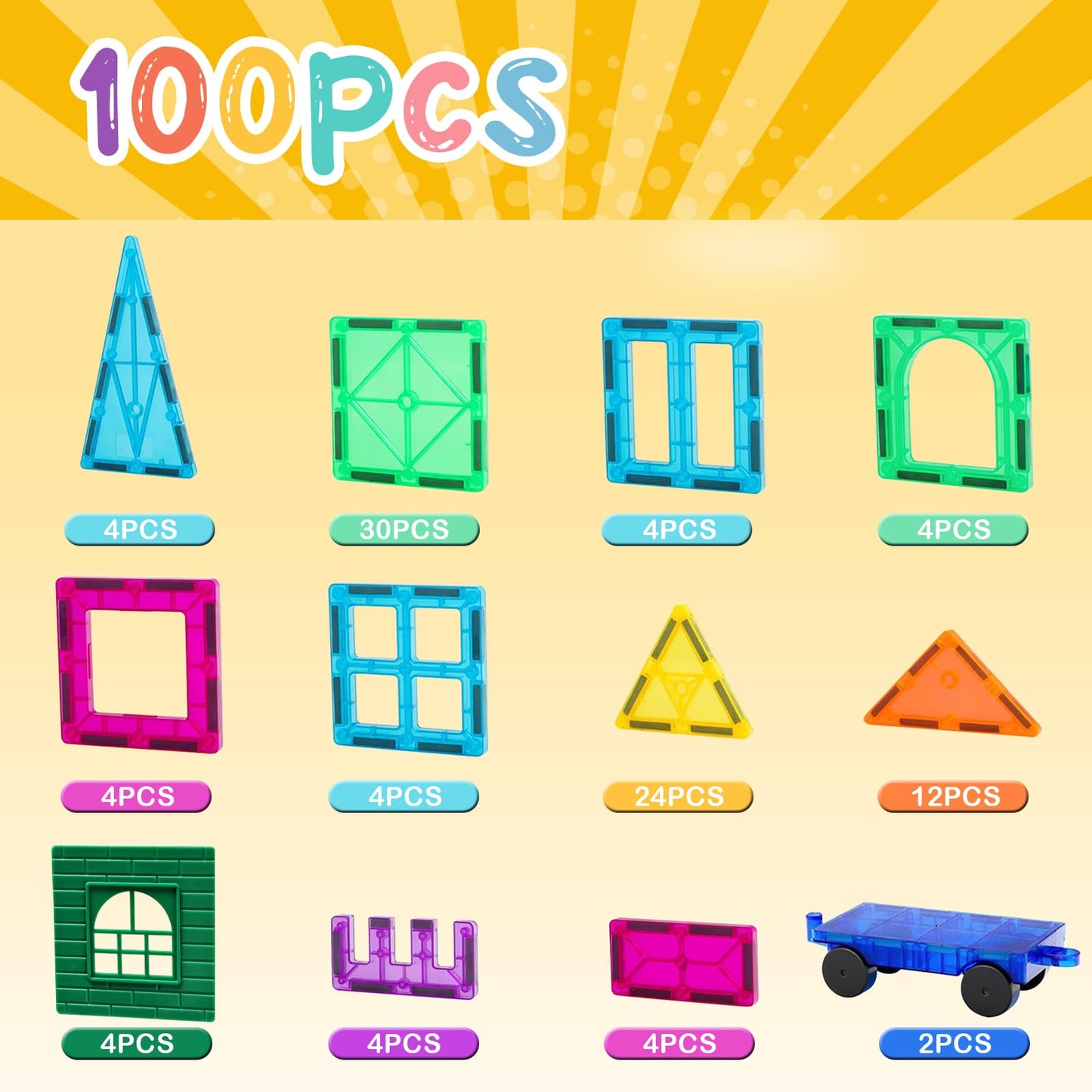 FNJO 100PCS Magnetic Tiles Building Set – STEM Construction Blocks for Preschool, Kindergarten, Classroom, Teacher Supplies, Stacking Toy