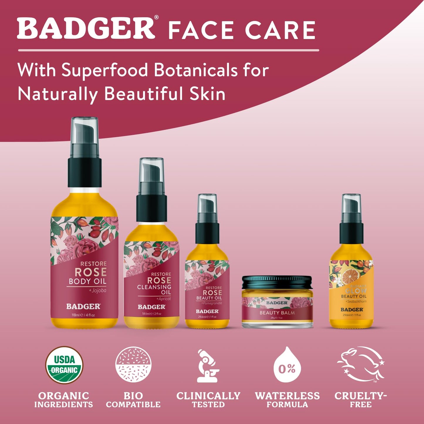Badger Rose Face Oil - 100% Organic Moisturizer with Jojoba & Rose Oil, Vegan, Antioxidant-Rich, Nourishing & Soothing, 1 fl oz