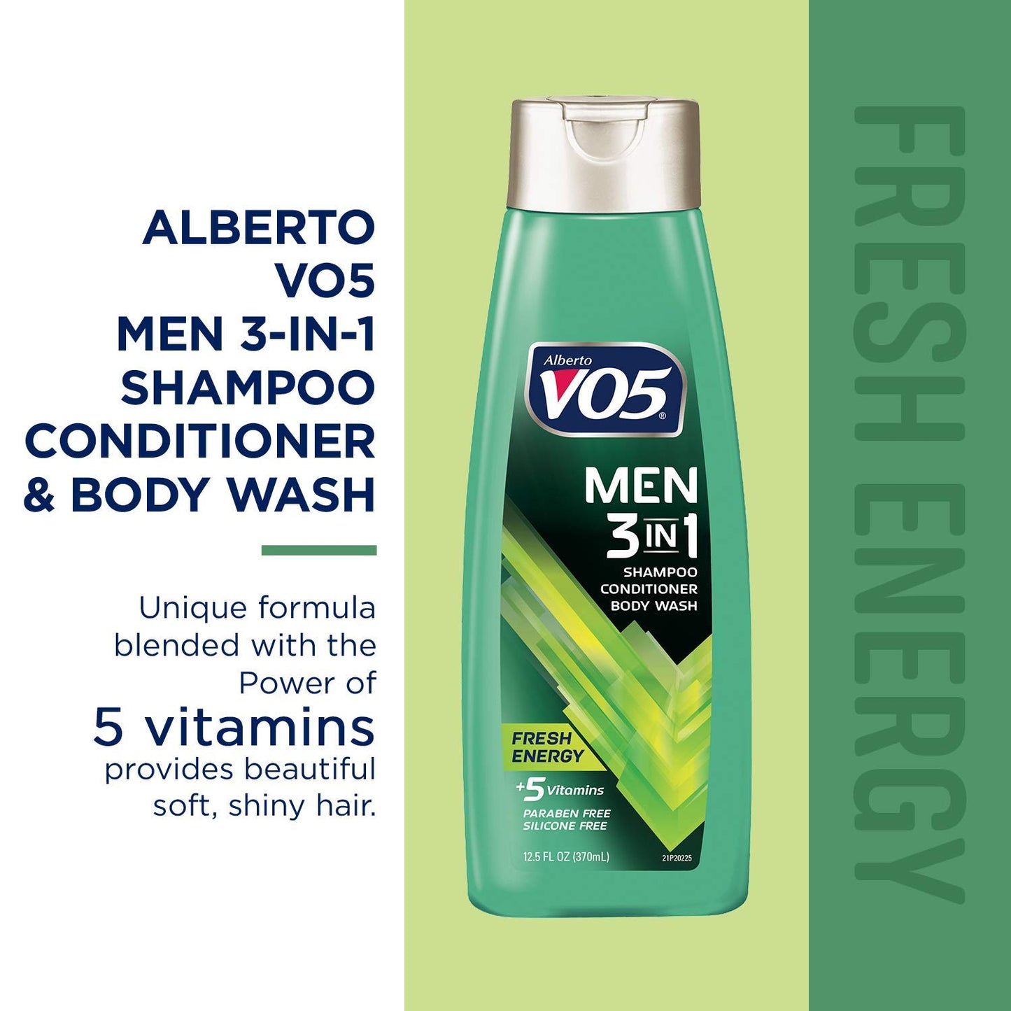 Alberto VO5 Men’s 3-in-1 Shampoo, Conditioner & Body Wash – Fresh Energy with 5 Essential Vitamins (A, H, C, B5, B3) – 12.5 Oz