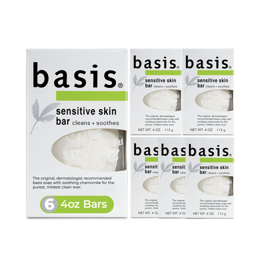 Basis Sensitive Skin Bar Soap for Body, Hands and Face, Unscented Soap Bar for Sensitive Skin with Chamomile and Aloe Vera, 4 Oz, Pack of 6