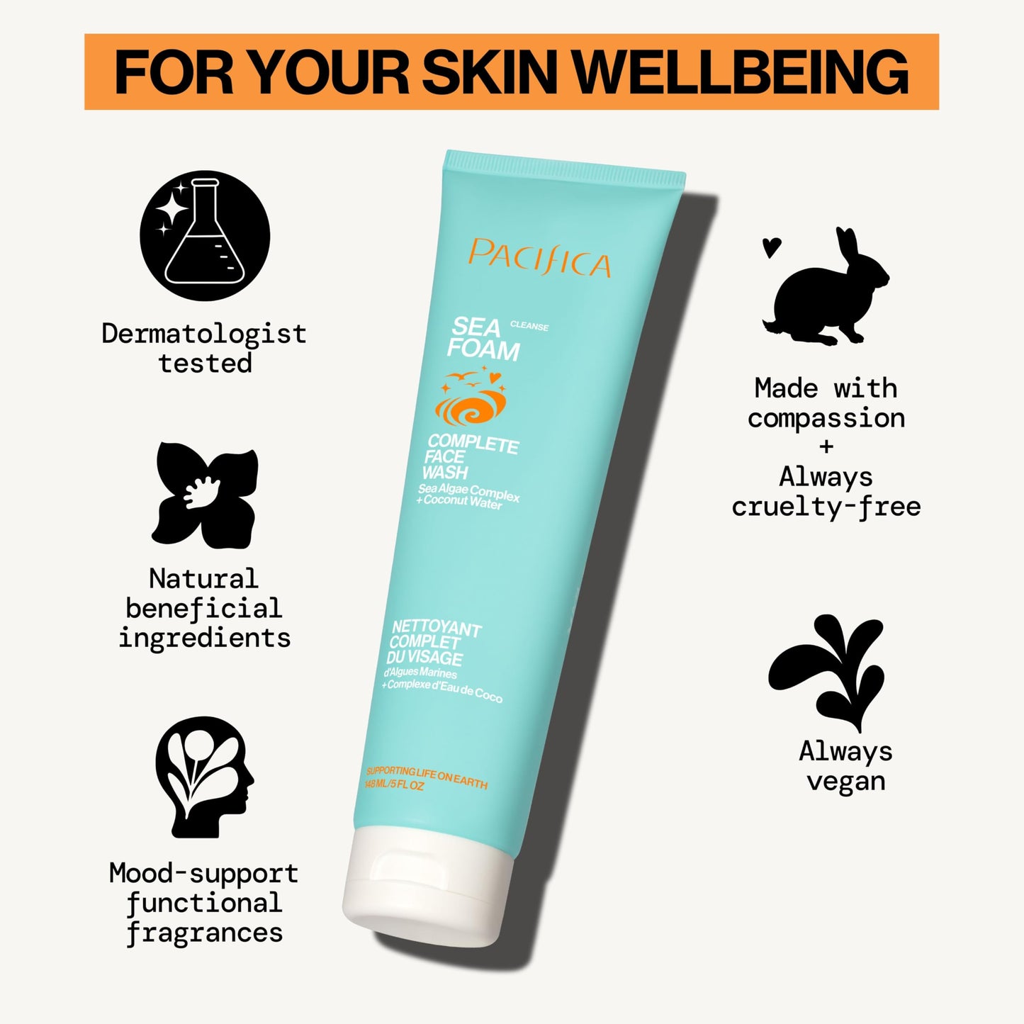 Pacifica Sea Foam Face Cleanser – Gentle Daily Foaming Wash with Coconut Water & Sea Algae, Removes Makeup, Vegan, Oily/Combo Skin