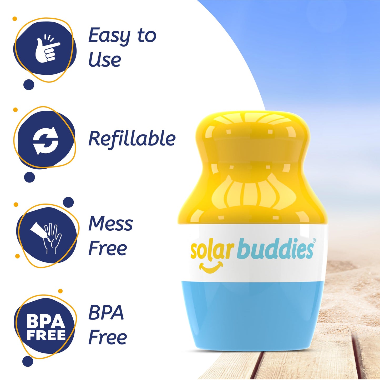 Solar Buddies Refillable Sunscreen Applicator – Blue Roll-On Sponge for Kids & Adults, Travel-Friendly 3.4oz Suncream & Lotion Dispenser