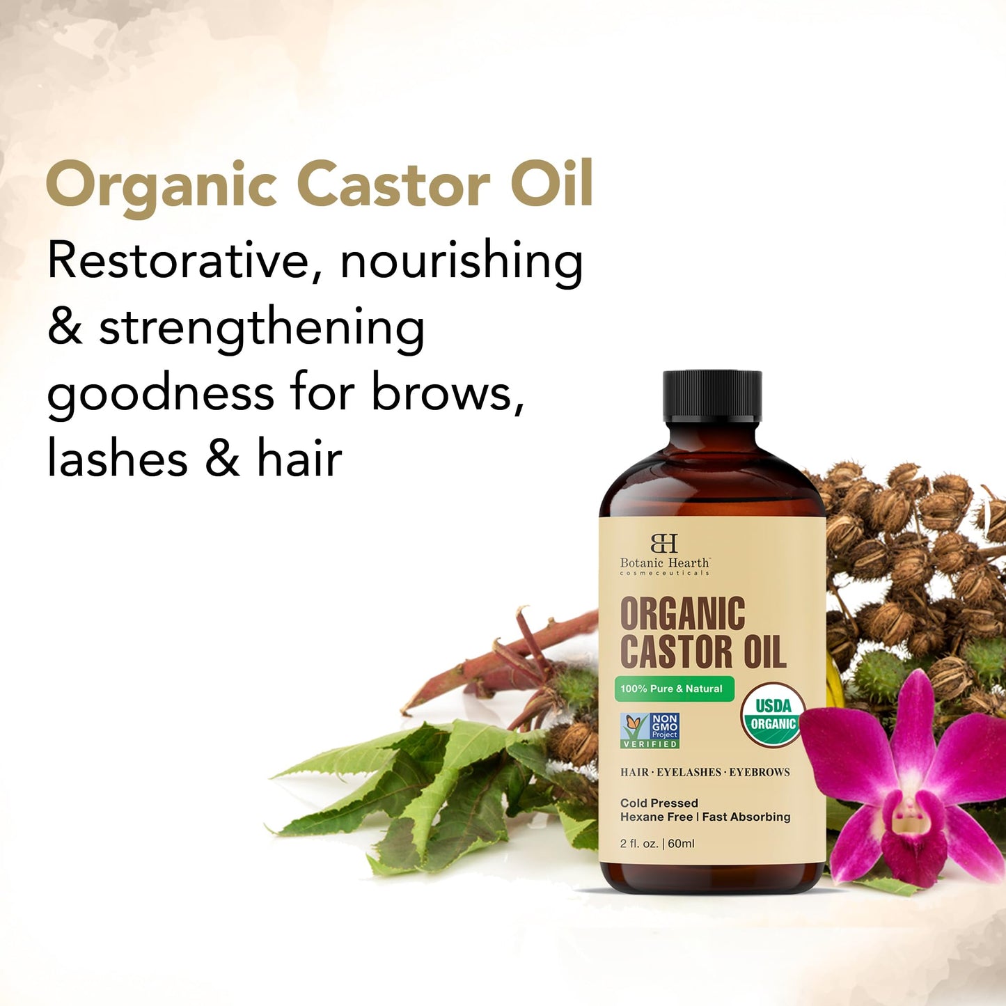 Botanic Hearth 100% Pure Castor Oil, Cold Pressed & Organic – 2 fl oz | For Hair, Eyelashes & Eyebrows | Hexane-Free, Fast Absorbing with Dropper