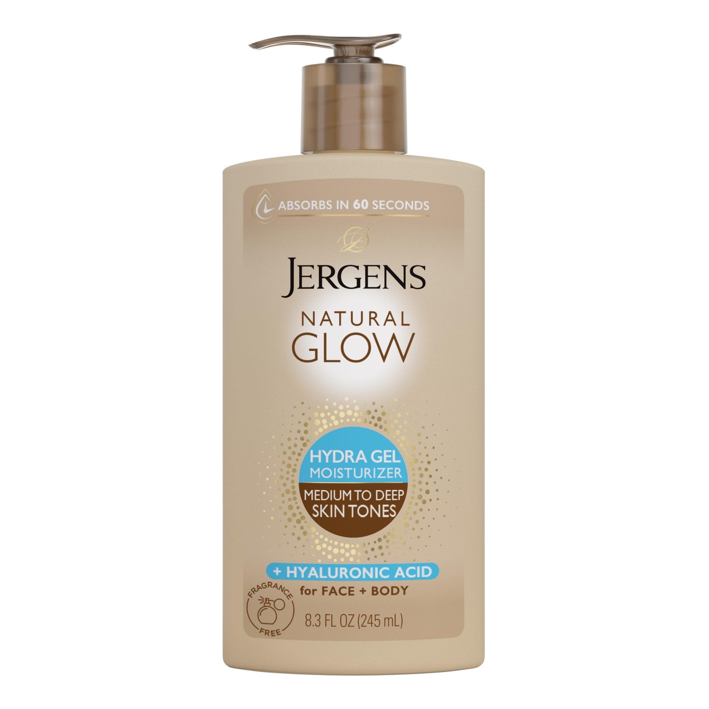 Jergens Natural Glow Hydra Gel Moisturizer with Hyaluronic Acid – Fragrance-Free Self Tanner for Medium to Deep Skin, 8.3 oz