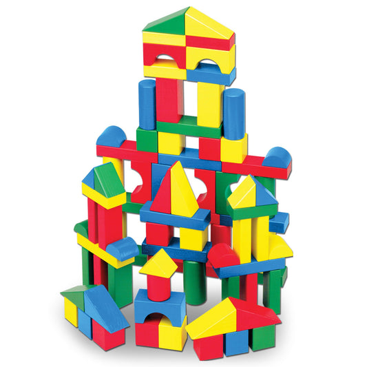 Melissa & Doug Wooden Building Blocks 100-Piece Set, Classic Stacking & Sorting Toy in 4 Colors & 9 Shapes, Toddler Learning Toy Ages 2+, FSC Certified
