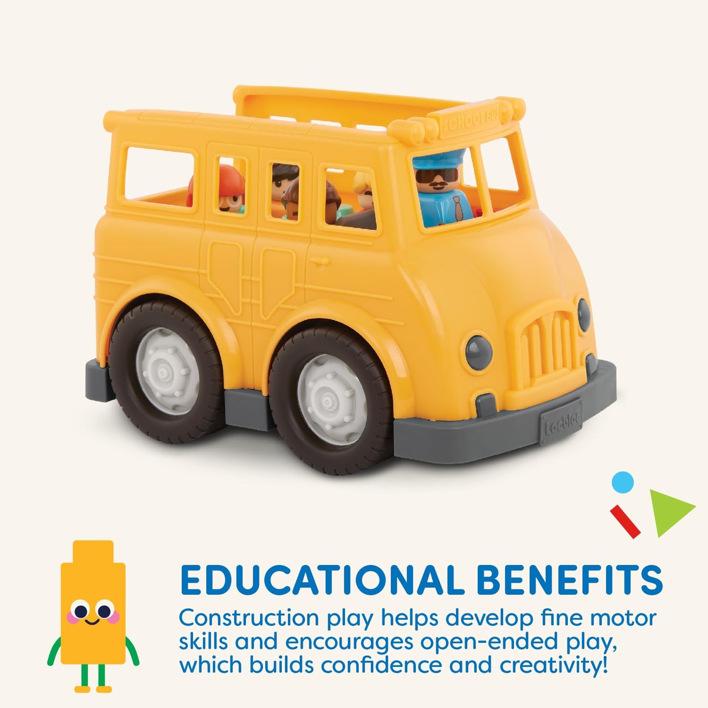 Battat – School Bus – 8 Pieces Construction Set – 5 Figures & 2 Blocks – Build – On Vehicle – 12+ Months – Locbloc® School Bus