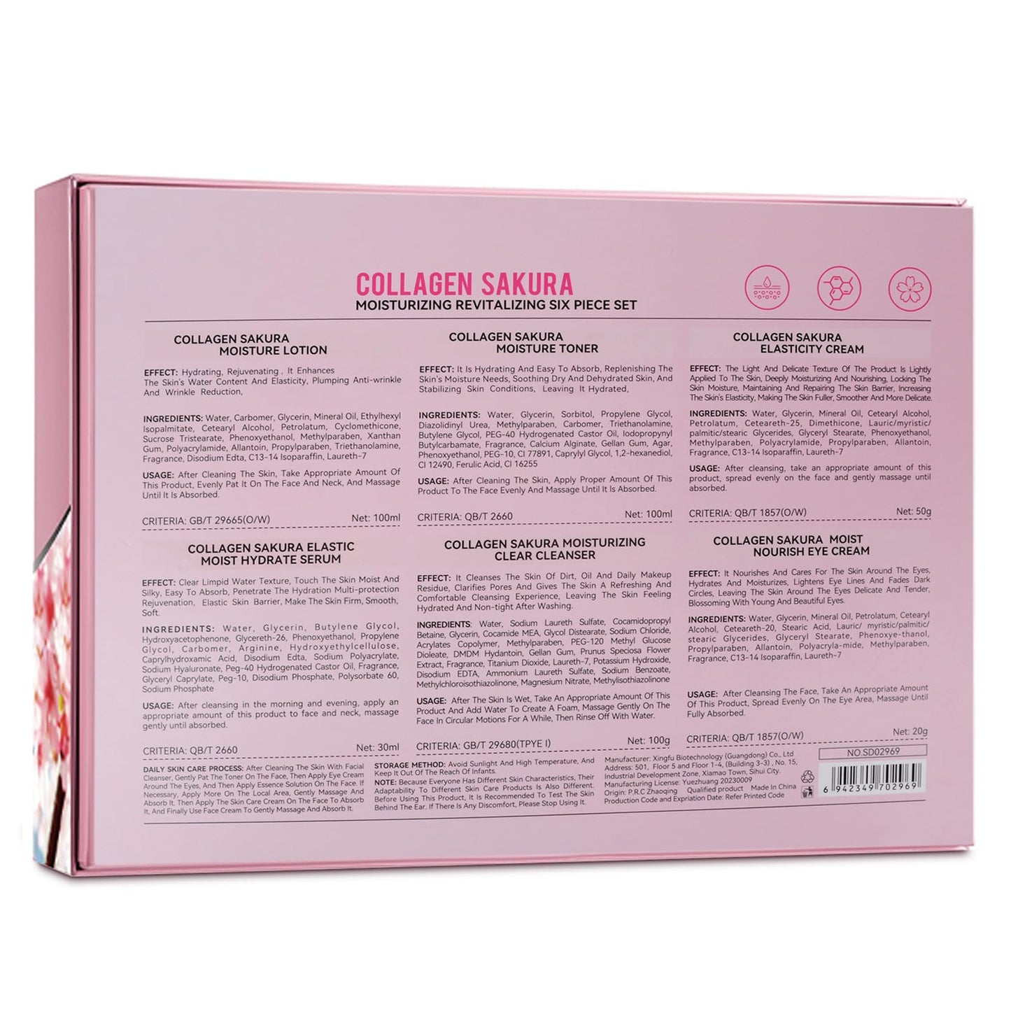 Sakura Skin Care Gift Set for Teen Girls & Women – 6 Pc Cherry Blossom Collagen Kit with Cleanser, Toner, Lotion, Serum, Cream & Eye Cream