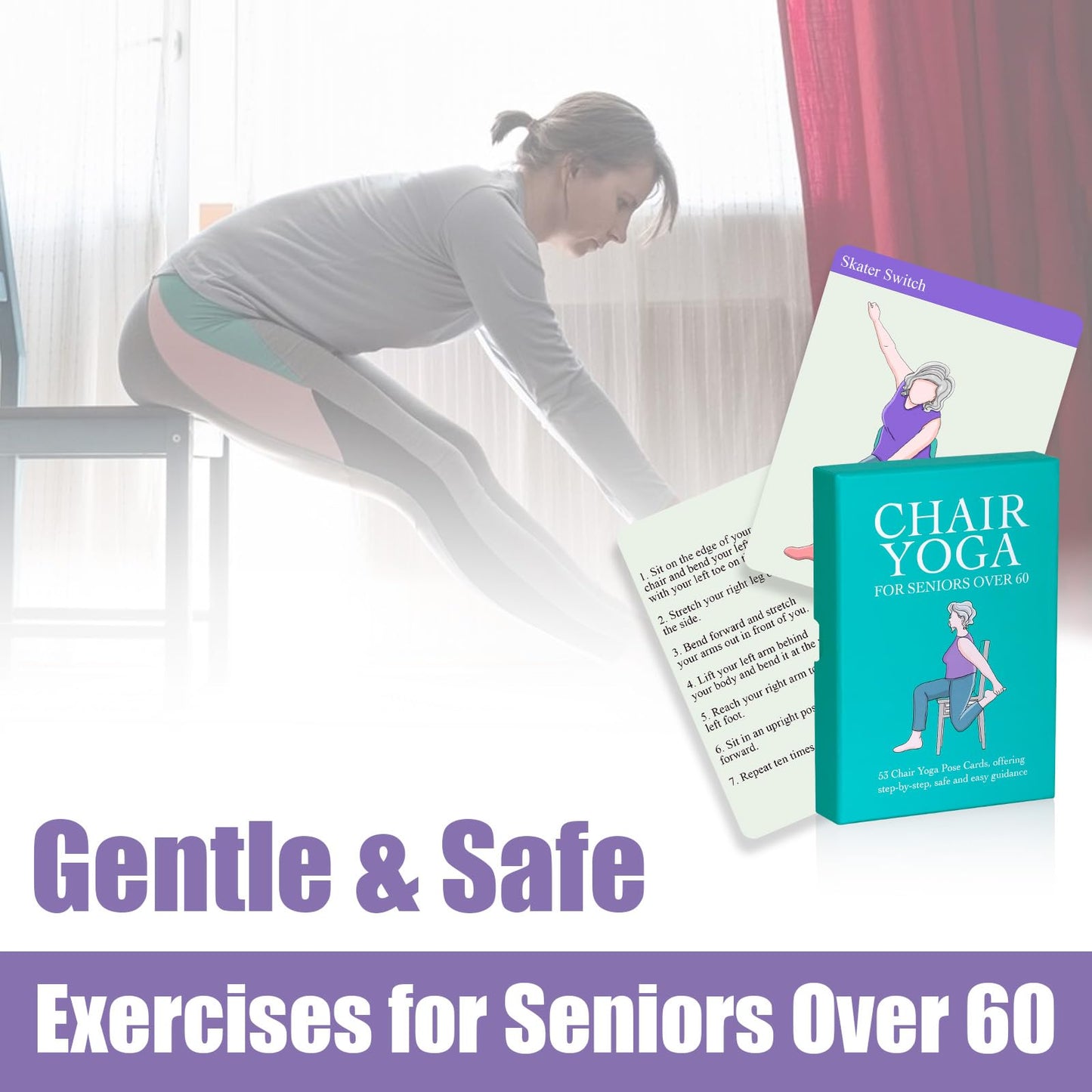 Oversized Chair Yoga Cards for Seniors – 53 Step-by-Step Poses, Large Print Exercise Cards for Elderly, Ideal Get Well Gift for Grandma & Grandpa
