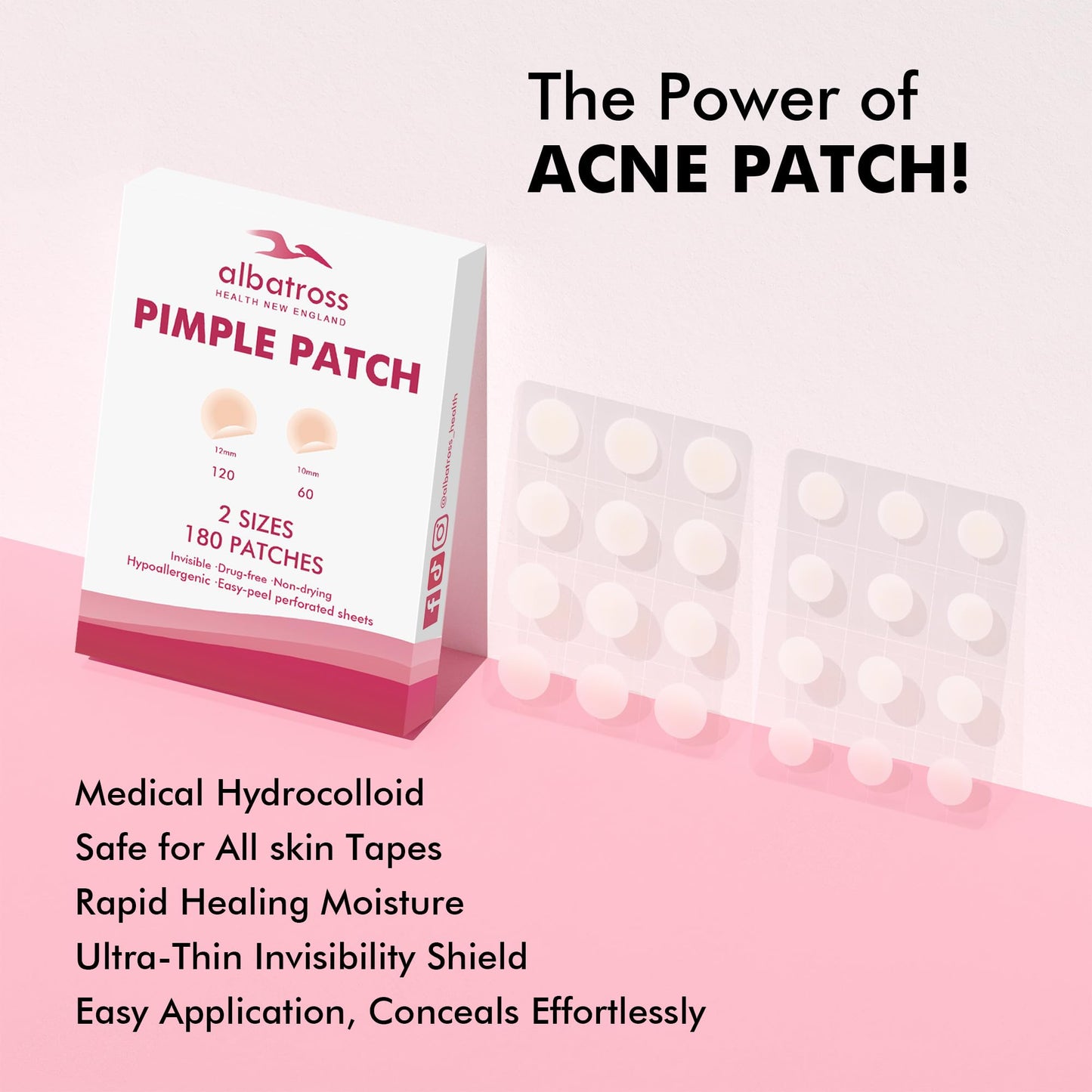 Albatross Health Invisible Pimple Patches – Plain Hydrocolloid Acne Spot Dots, 2 Sizes, 180 Count, HSA/FSA Eligible