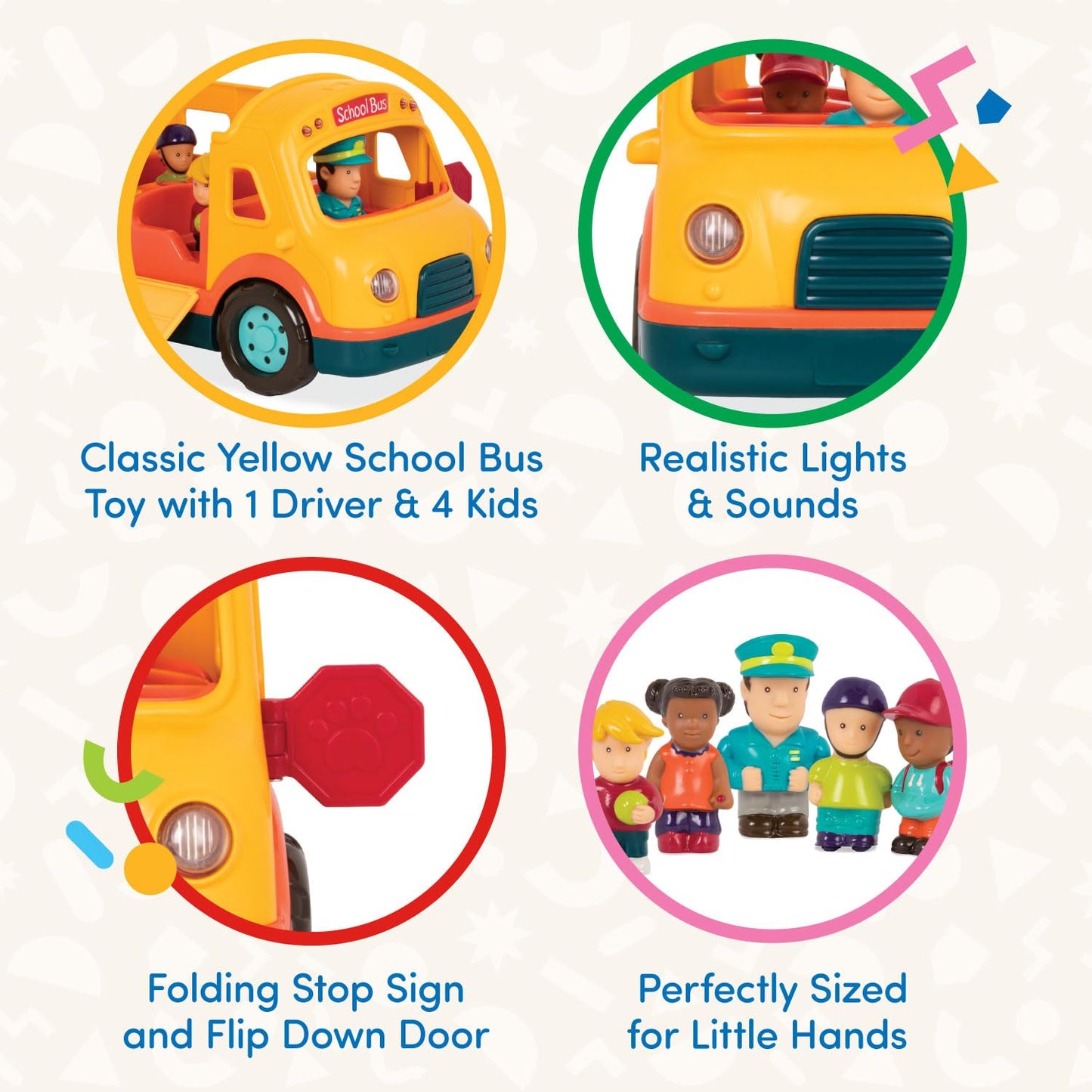 Battat – Light – Up Yellow Bus – 5 Toy Figures – Realistic Sounds – Folding Stop Sign – 18+ Months – Light & Sound School Bus