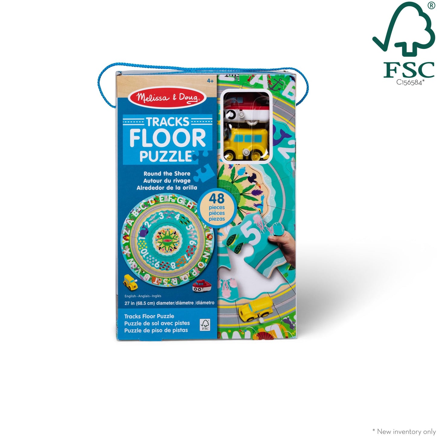 Melissa & Doug Round The Shore Tracks Cardboard Jigsaw Floor Puzzle and Wind-Up Vehicles – 48 Pieces, for Boys and Girls 4+ - FSC-Certified