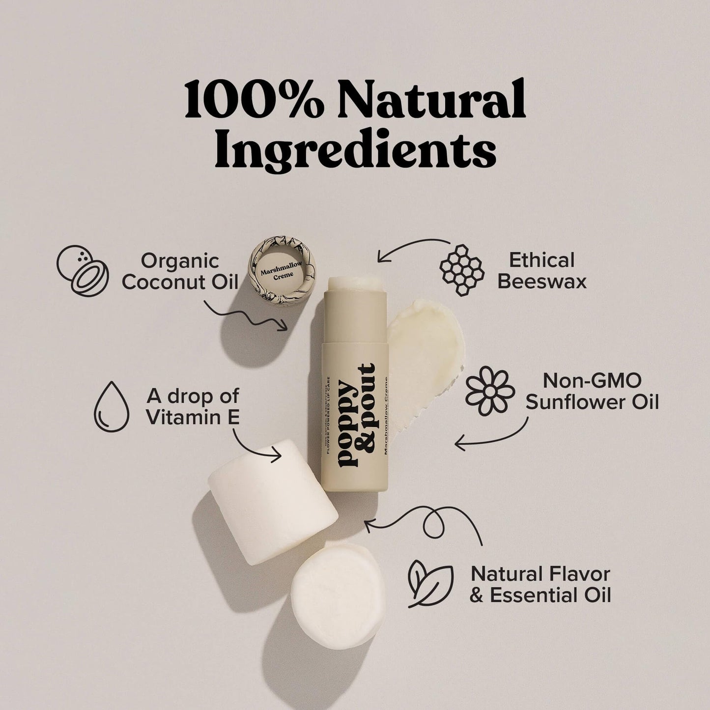 Poppy & Pout Marshmallow Creme Jumbo Lip Balm – All Natural, Hydrating with Beeswax, Vitamin E & Coconut Oil, Cruelty-Free, Eco Tube